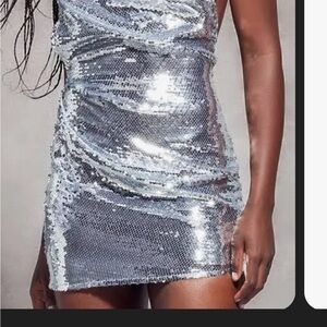 PrettyLittleThing Silver Sequin Backless Dress